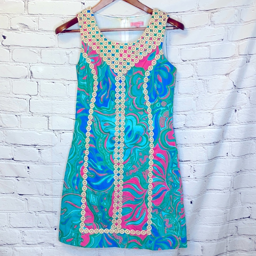Lilly Pulitzer Blue Pink Gold Trim MacFarlane Cotton Mini Shift Dress Size 2